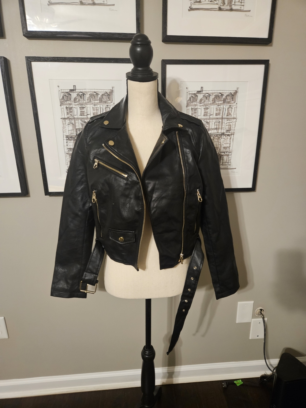 Classic Black Faux Leather Moto Jacket with Gold Hardware